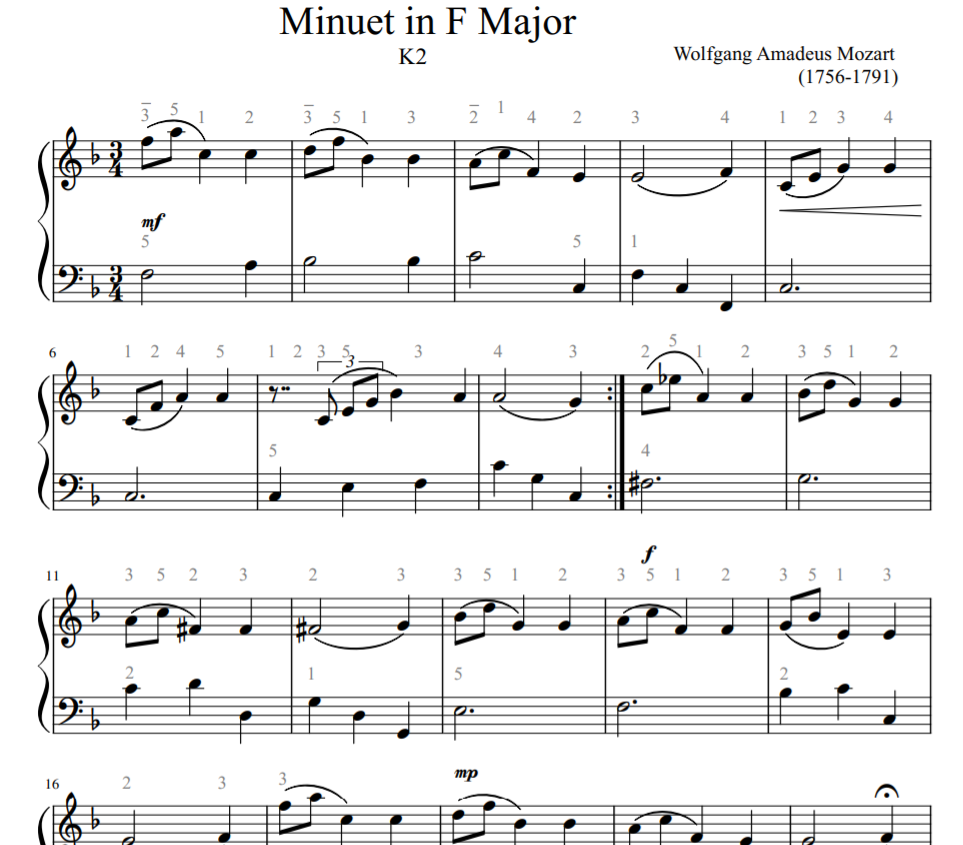 Minuet in F Major K.2 sheet piano